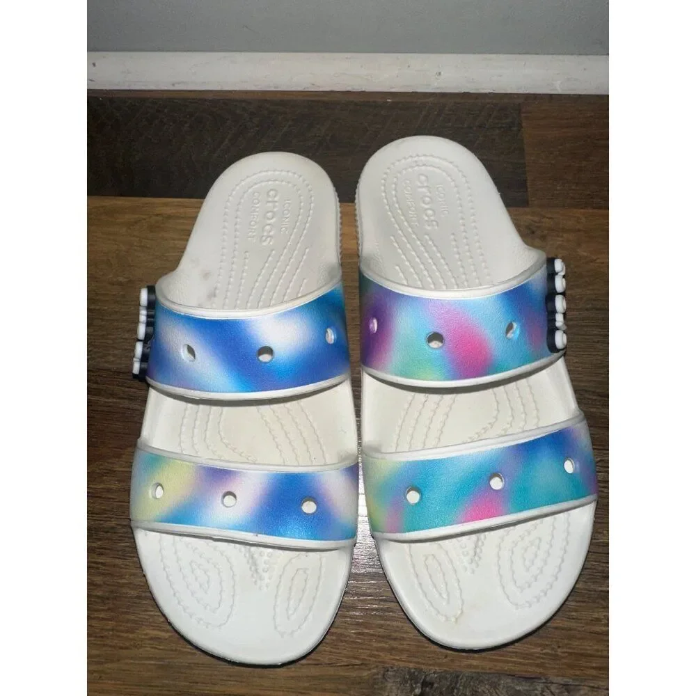 CROCS White Slide Sandals with Rainbow Gradient Straps